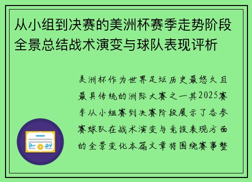 从小组到决赛的美洲杯赛季走势阶段全景总结战术演变与球队表现评析