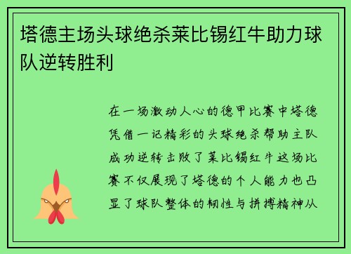 塔德主场头球绝杀莱比锡红牛助力球队逆转胜利 塔德主场头球绝杀莱比锡红牛助力球队逆转胜利