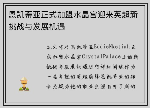 恩凯蒂亚正式加盟水晶宫迎来英超新挑战与发展机遇