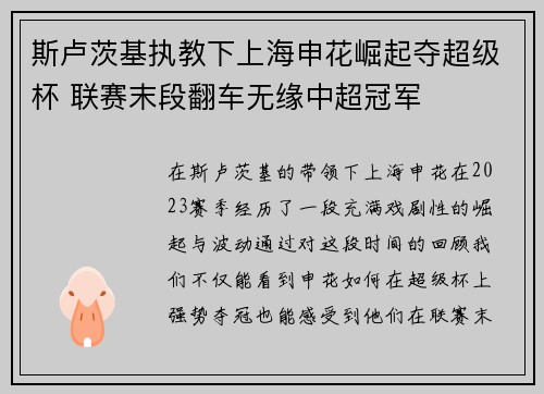 斯卢茨基执教下上海申花崛起夺超级杯 联赛末段翻车无缘中超冠军 斯卢茨基执教下上海申花崛起夺超级杯 联赛末段翻车无缘中超冠军